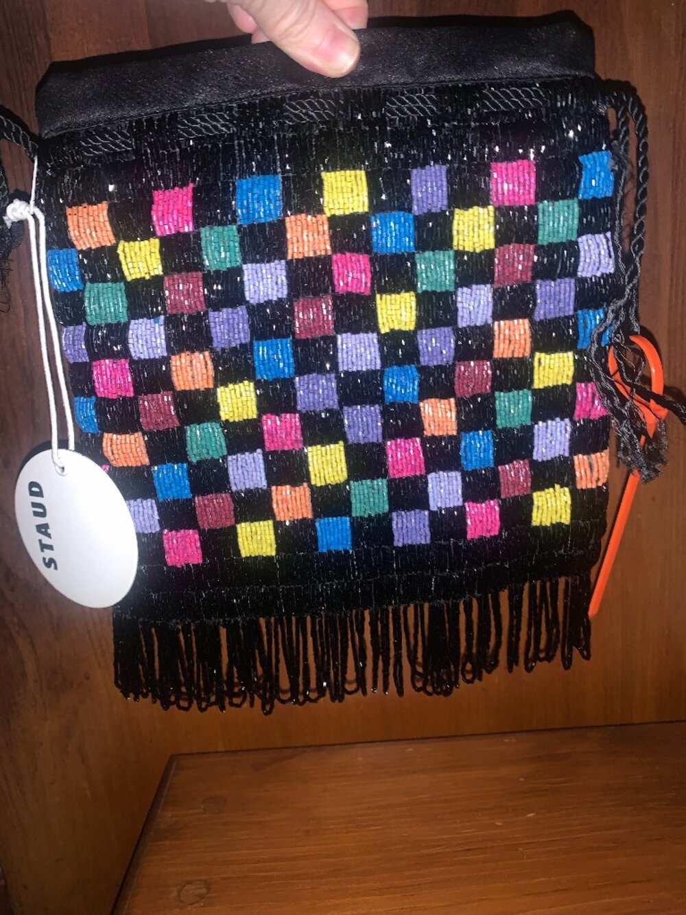 STAUD Colorful Beaded Check Drawstring Pouch.